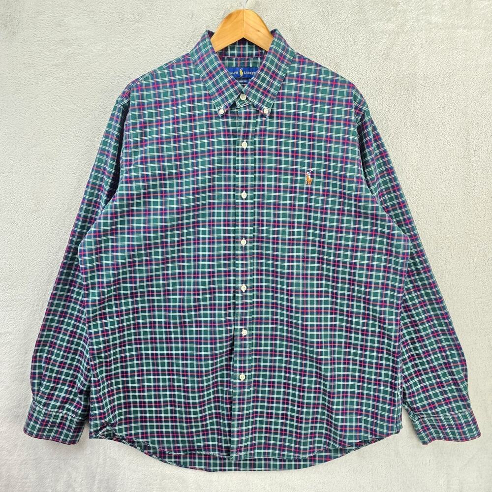 Ralph Lauren Shirt Mens XL Blue Green Plaid Classic Fit Button Down Flesh Pony